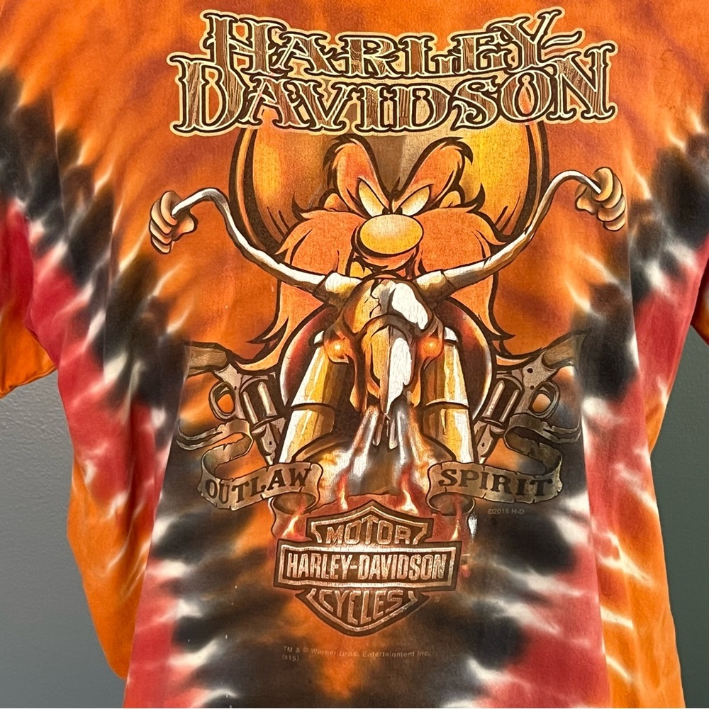 Harley Davidson Motorcycle HD Yosemite Sam Looney Tunes Shirt Tye Dye Orange XL - Picture 9 of 13